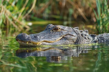 Obraz premium Wild alligator peeking through ripples in a tranquil wetland setting