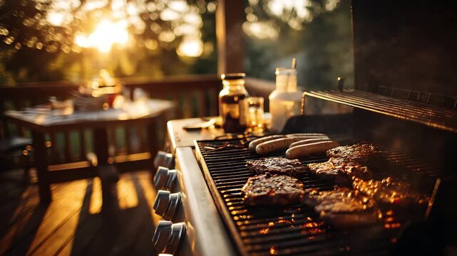 Burgers and sausages grilling on barbecue during sunset