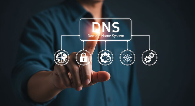 Man Touching DNS Domain Name System Icon on Virtual Interface Screen