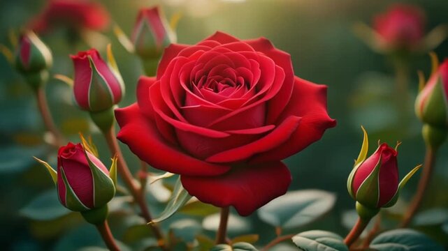 Vibrant red rose in full bloom with surrounding rosebuds and blurred green foliage background