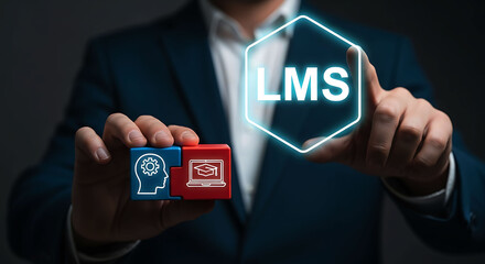 Naklejka premium Businessman interacting with digital Learning Management System LMS icon