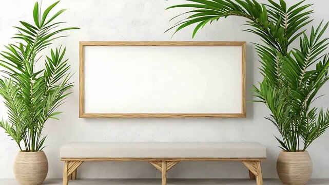 Clean bright room with blank horizontal picture frame, vibrant green plants, and elegant wooden bench.