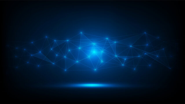 Abstract blue digital technology background with glowing nodes and connecting lines, data communication, AI, blockchain and futuristic innovation for business and science concepts, Vector illustration