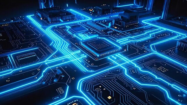 Illuminated digital circuit board showing processors and glowing blue pathways, with a dark background