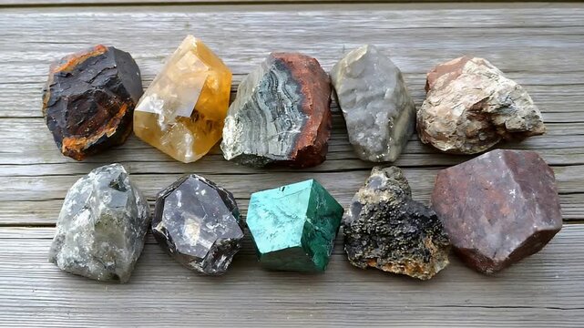 Assortment of Natural Mineral Crystals and Rough Gemstones Arranged on Rustic Wooden Background.