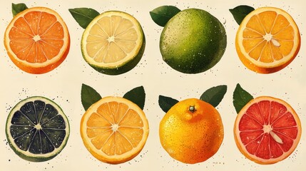Obraz premium Lemon ornament painting, art print. Citrus art pattern. Grapefruit, orange halves, lemon slices, fruit background. Citrus background art.
