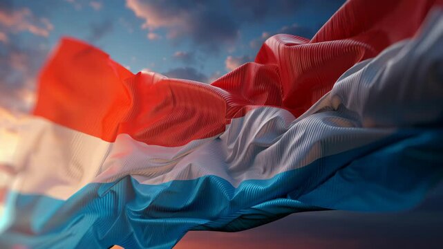 Luxembourg flag rippling with texture and movement against a vibrant, cloudy sunset sky, representing national pride, independence, and the spirit of a european nation