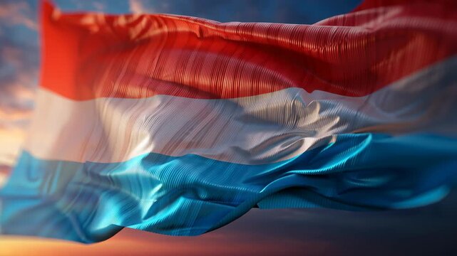 Luxembourg flag waves in the wind, vivid red white light blue tricolor with textured fabric detail set against a warm sunset sky, evoking national pride and unity