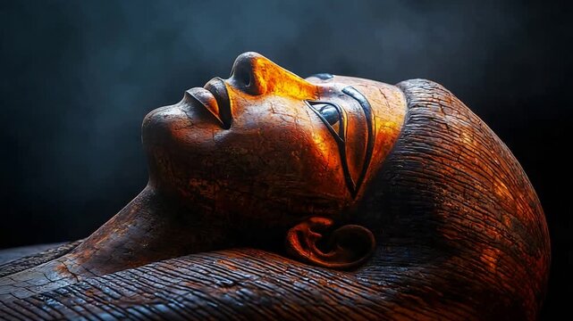 Ancient Egyptian sarcophagus face with dramatic lighting, revealing historic pharaoh details and rich texture.