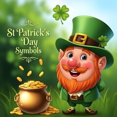 A cheerful leprechaun with a pot of gold and st patrick s day symbols