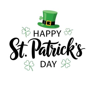 Happy st patrick s day greeting with hat and clover decorations