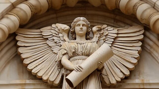 Majestic Stone Angel Sculpture with Outstretched Wings Holding Ancient Scroll on Ornate Building.