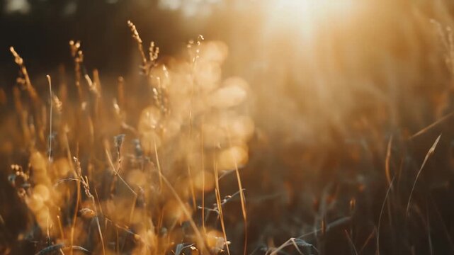 Dry grass panicles shimmer with warm golden light, catching direct sun rays during autumn sunset or sunrise, creating a peaceful, natural background with a deep depth of field