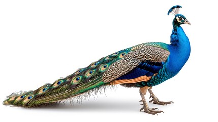 Obraz premium This studio image captures a complete peacock on white, highlighting vibrant plumage, graceful posture, and sharp focus.