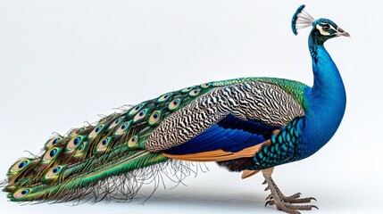 Obraz premium A peacock is shown fully isolated on a white background, displaying its elegant body, long neck, and detailed feather texture. 