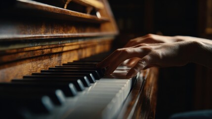 The piano with hands playing vintage keys in a warm intimate low light setting