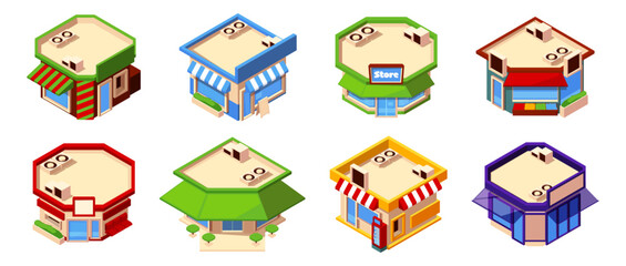Street small shops with awnings and signage, panoramic windows and vending machines. Vector isolated buildings with canopies and greenery. Urban retail of city life and commerce. Real estate