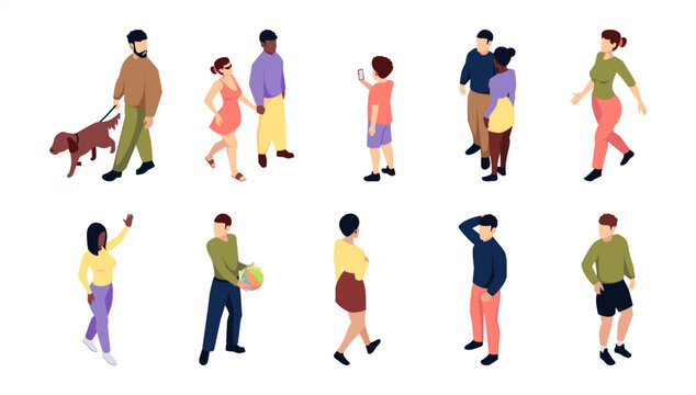 People walking in park. Vector couples, individuals and man with dog. Outdoor leisure and human activity. Pedestrians walking. Male and female characters in motion. Direction and urban rhythm