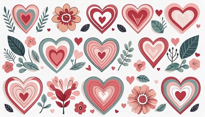 Collection of stylized hearts and flowers in pastel colors for graphic design.