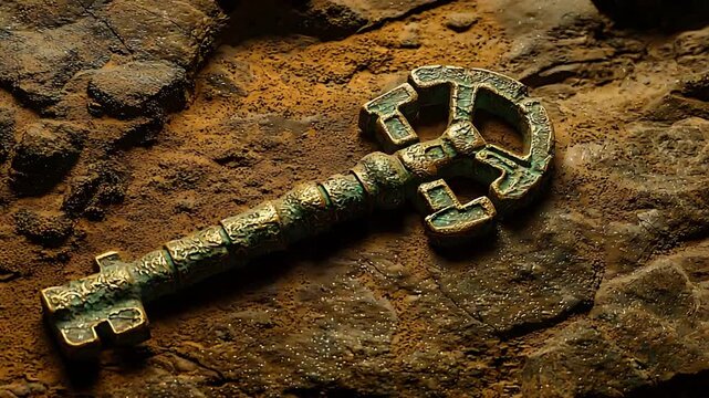 Mysterious Golden Key with Verdigris Resting on Gritty Ground, Symbolizing Secrets and Discovery.