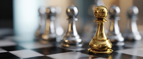 The golden pawn standing confidently among silver pawns on a chessboard