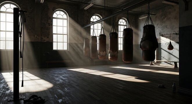Sunlight streaming through arched windows into an old boxing gym with punching bags.