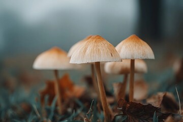 Fototapeta premium Mushrooms growing on the forest floor in autumn