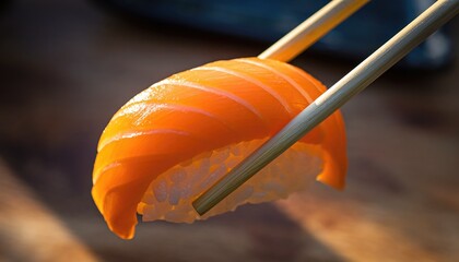 Fresh Salmon Sushi on Wooden Surface with Chopsticks in Focus