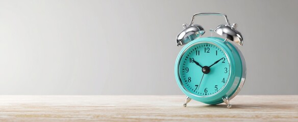 The turquoise alarm clock on a wooden table with minimalist neutral background