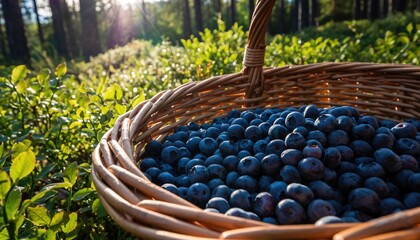 Freshly Picked Blueberries in a Basket Surrounded by Nature