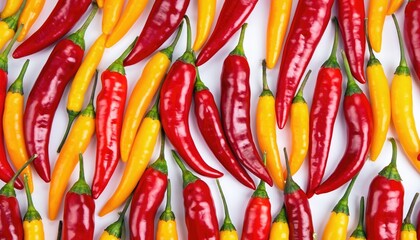 Colorful Arrangement of Red and Yellow Chili Peppers on White Background