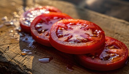 Freshly Cut Tomato Slices on Wooden Surface with Droplets of Water