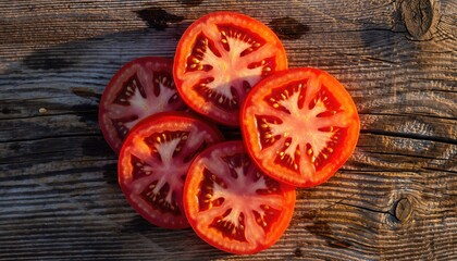 Freshly Sliced Ripe Tomatoes on Rustic Wooden Background
