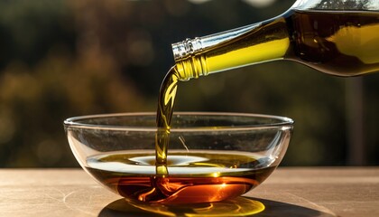 Liquid Gold: Pouring Olive Oil into a Clear Bowl in Natural Light