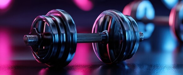 The Dumbbell on a glossy surface with neon gym lighting and reflective colorful bokeh background
