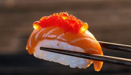 Delicious sushi piece with salmon, roe, and chopsticks closeup