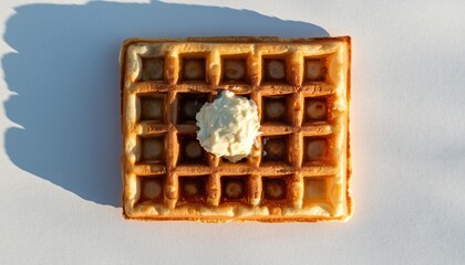 Golden Waffle Topped with Cream on White Surface Under Natural Light