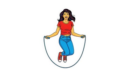 Smiling cartoon woman jumping rope with joyful expression. Athletic woman jumping rope in blue jeans and red t shirt, performing dynamic cardio for health.