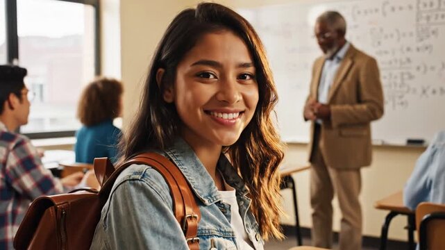 Beautiful young female student sitting thoughtfully at a desk in a cinematic high school classroom, academic education concept, soft daylight illumination, indoor portrait, slow motion 4k.