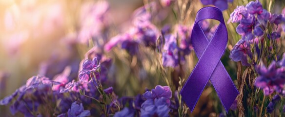 The Purple Ribbon Amidst Blooming Lavender Flowers in Warm Morning Sunlight