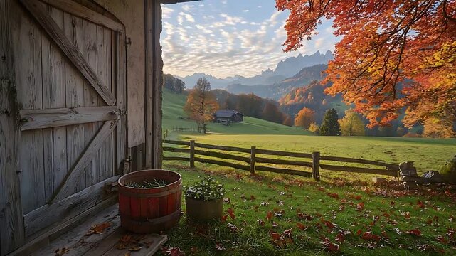 Cozy barn view of a vibrant autumn mountain landscape with a charming cabin and colorful trees.