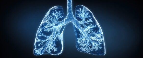 The Lungs Illuminated in Blue Neon Medical Anatomy Respiratory System Digital Visualization
