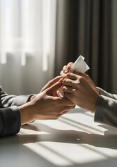 Close up Hands Holding or Giving Object with Soft Natural Lighting, Concept of Care Support and Sharing