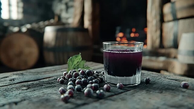 crowberry juice qaqortoq, vibrant deep purple juice in a traditional Greenlandic glass orbit video