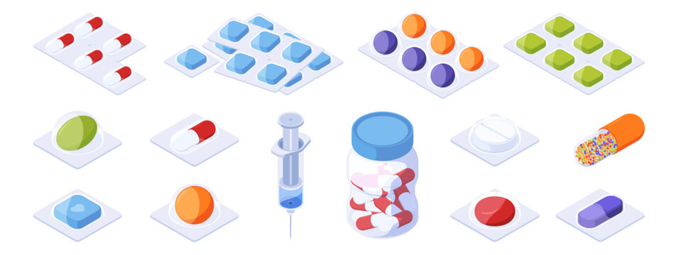 Pills and capsules in different shapes. Vector isolated isometric round and square shaped tablets, medicine bottle and syringe. Pharmaceutical products, medical supplies and healthcare