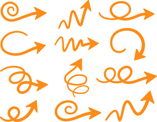 Hand Drawn Orange Arrows Set, Curly Spiral and Scribble Direction Icons, Doodle Style Vector Illustration