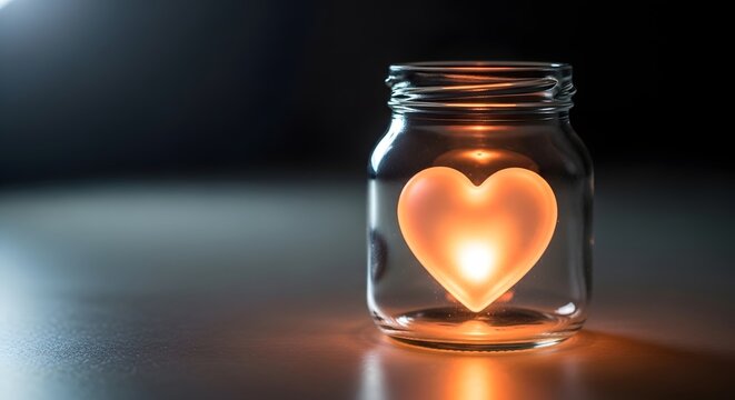 Glowing heart shaped light in a glass jar