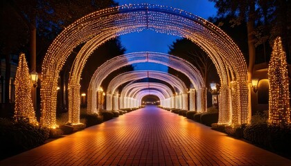 Obraz premium Illuminated Archway Tunnel with Festive Lights at Night.