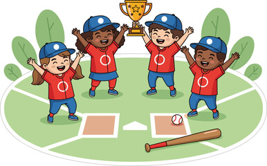 Happy kids baseball team celebrating victory with trophy on playground field cartoon illustration isolated on white background