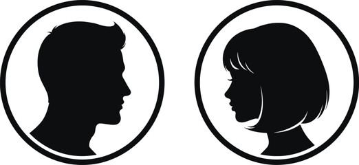Black silhouettes of man and woman in oval frames black and white silhouettes, man, woman, oval frames, black and white, profiles, side views, hair, faces, headshots, simple minimalistic, monochromati